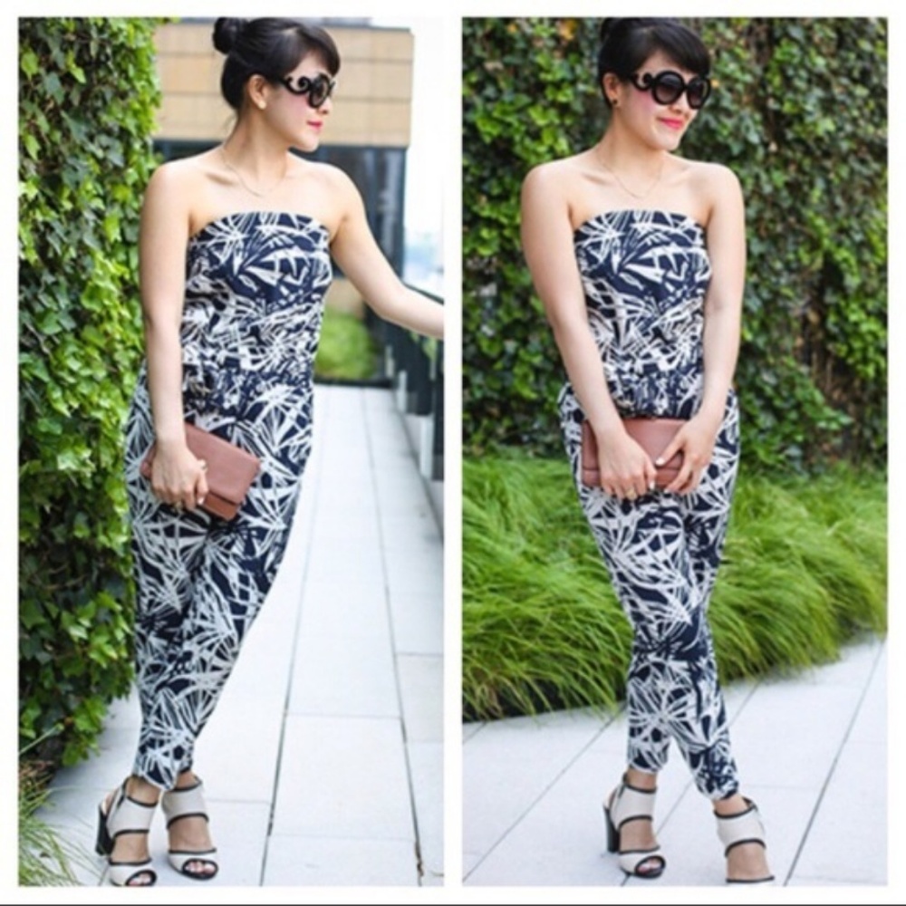 LOFT Strapless Linen Blend Blue & Beige Jumpsuit